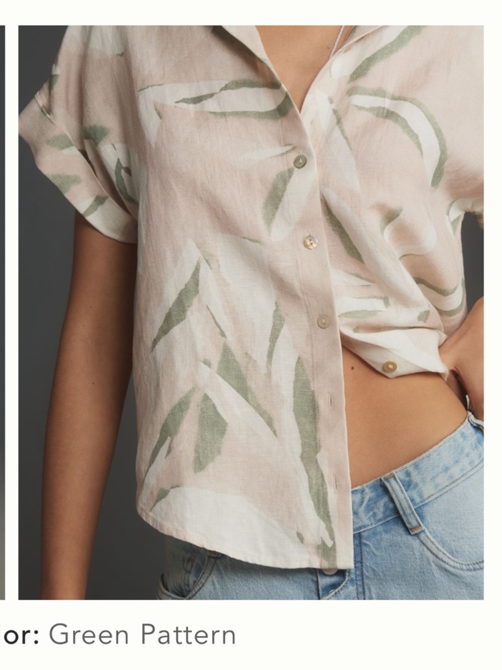 Anthropologie Cloth & Stone linen surf shirt cream green Pink Leaf New Large